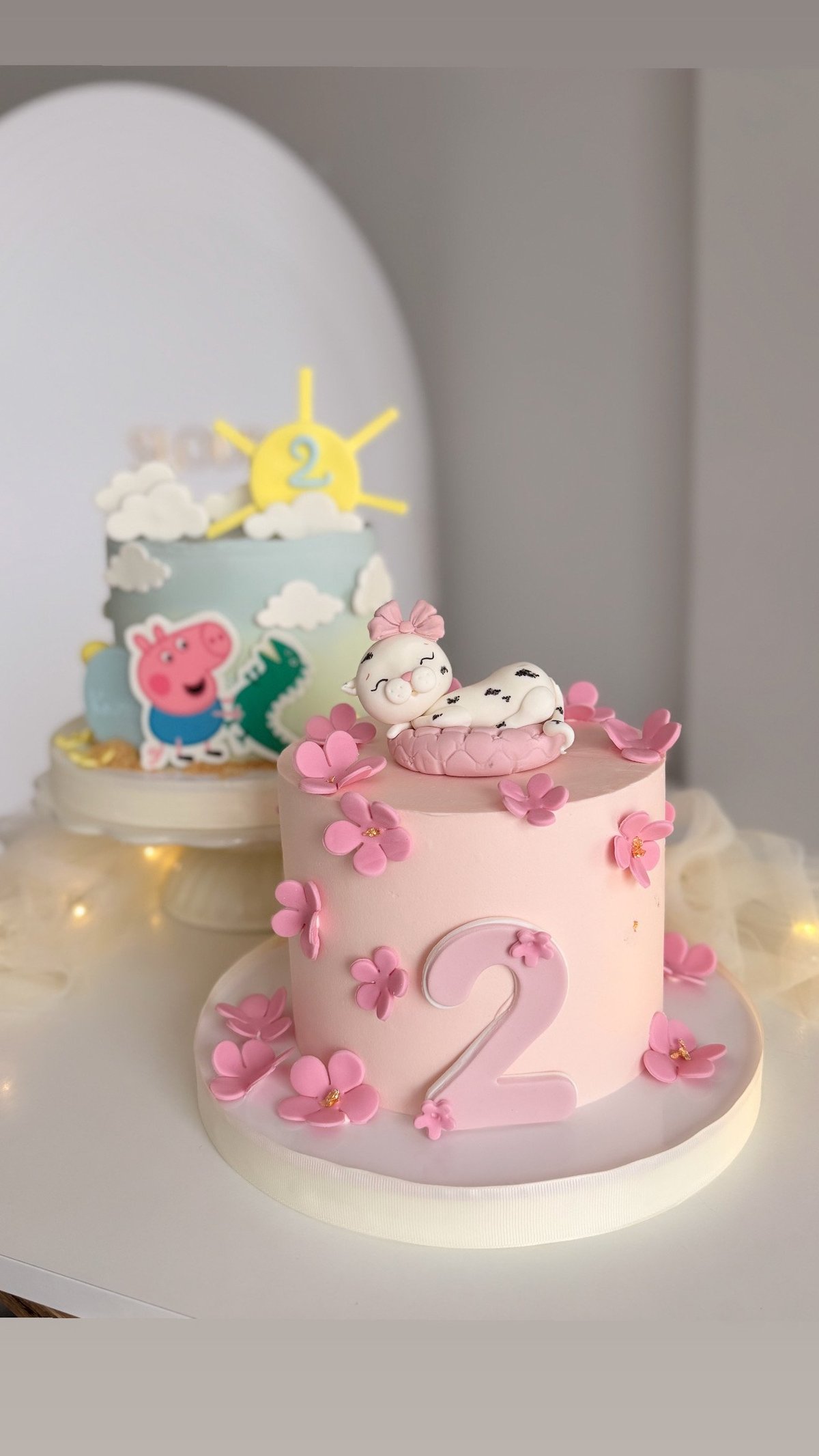 Two decorated birthday cakes: a pink cake with number 2 and pink flowers, and a multi-tiered cake with cartoon characters and sun design