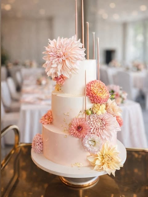 Three-tiered white wedding cake decorated with pink and yellow dahlias and gold geometric details on an elegant table setting