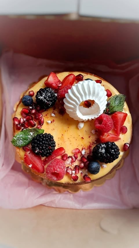 Round pastry tart decorated with fresh berries, red pomegranate seeds, mint leaves, and a white cream dollop on pink tissue paper