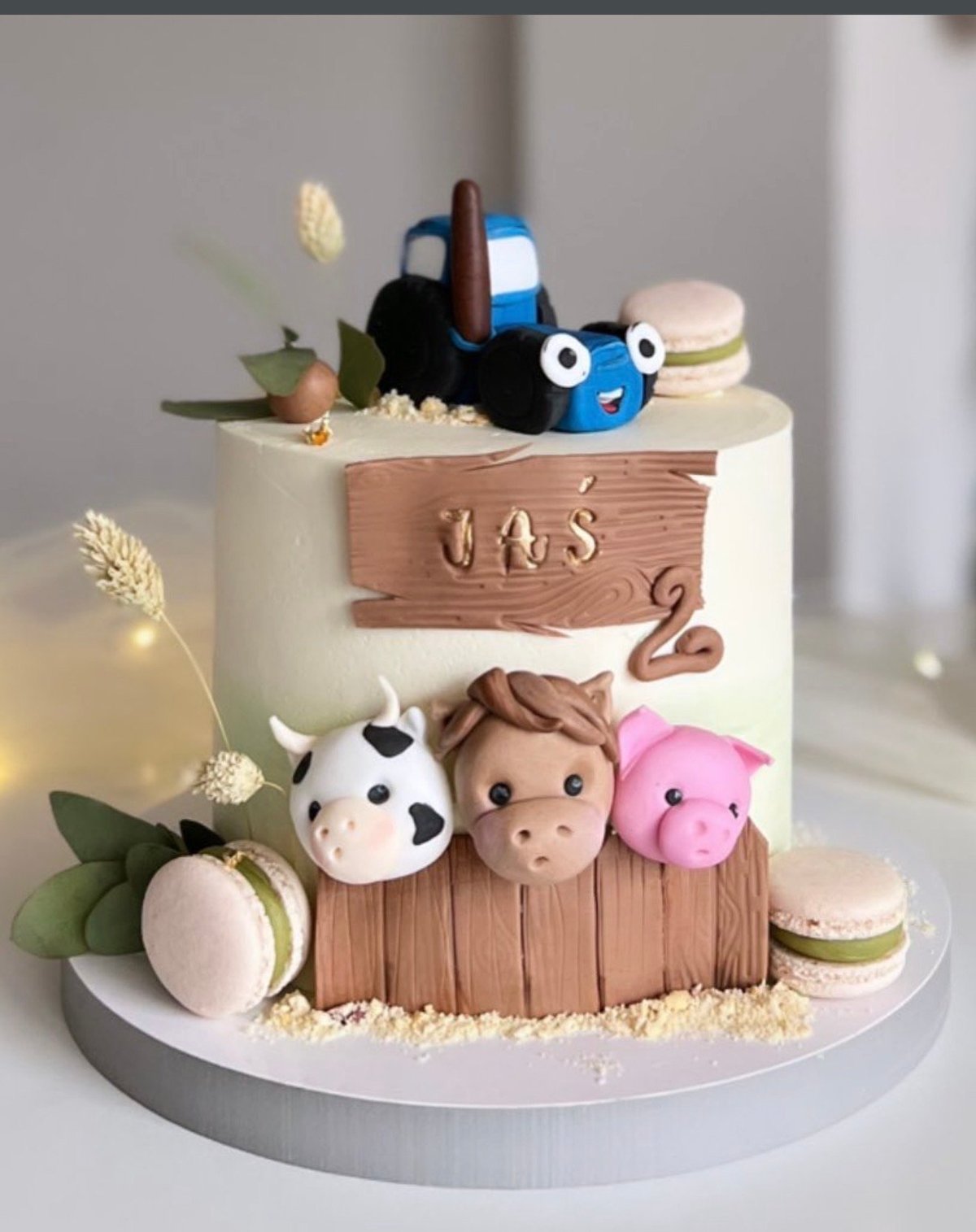 Two-tiered cake with farm animal faces, wooden UVS 2 plaque, and decorative elements including macarons and wheat sprigs