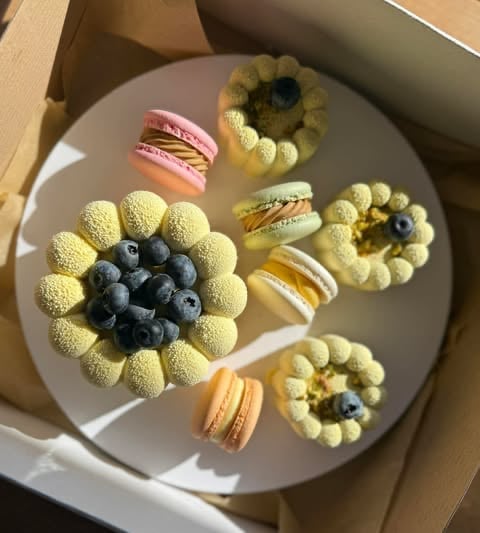 A plated dessert arrangement with flower-shaped clusters of pistachio macarons surrounding blueberries, accompanied by colorful French macarons on a gray plate